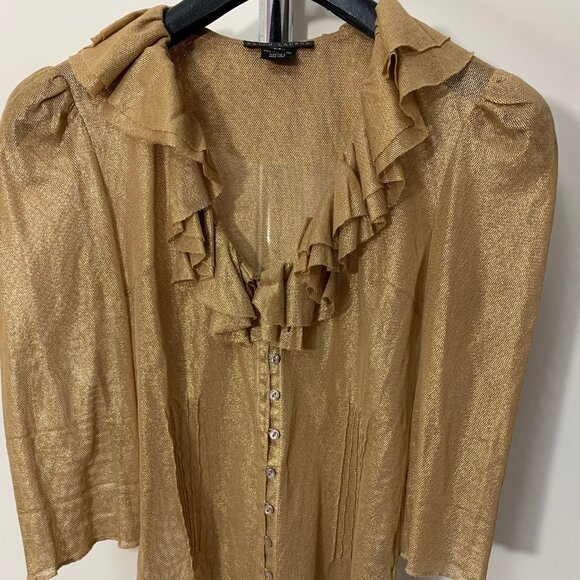 Ralph Lauren Black Label Gold Metallic Cotton Ruffle Blouse Size Small - Picture 1 of 3
